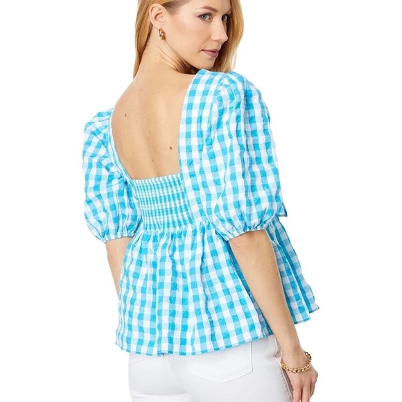 🐬 LILLY PULITZER SARAFINA TURQUOISE OASIS CRINKLE GINGHAM SHORT SLEEVE TOP! - Picture 14 of 15